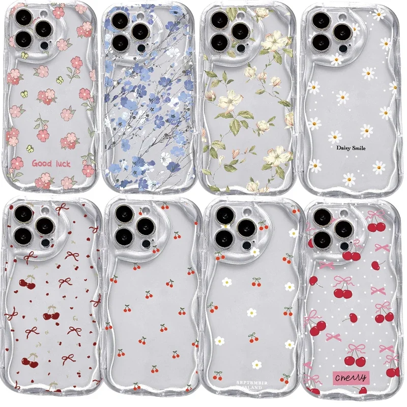 Cherry Floral Flower Wave Phone Case for Xiaomi Redmi Note 12 13 14 Pro Plus 5G 14C 13 12 13C A3 11S 10S 10 11 Pro 4G TPU Cover