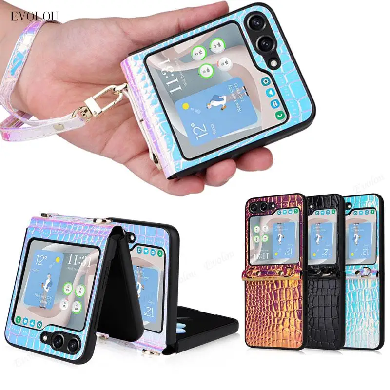 Funda de cuero con correa para Samsung Galaxy Z Flip 5 Flip5, carcasa dura a prueba de golpes, de lujo