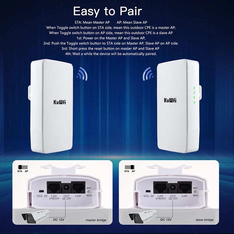 KuWFi-enrutador WI FI para exteriores, repetidor Wifi inalámbrico de 2,4G, amplificador de señal Wifi de punto a punto de 300Mbps, aumenta el rango Wifi de 1KM - imagen 5