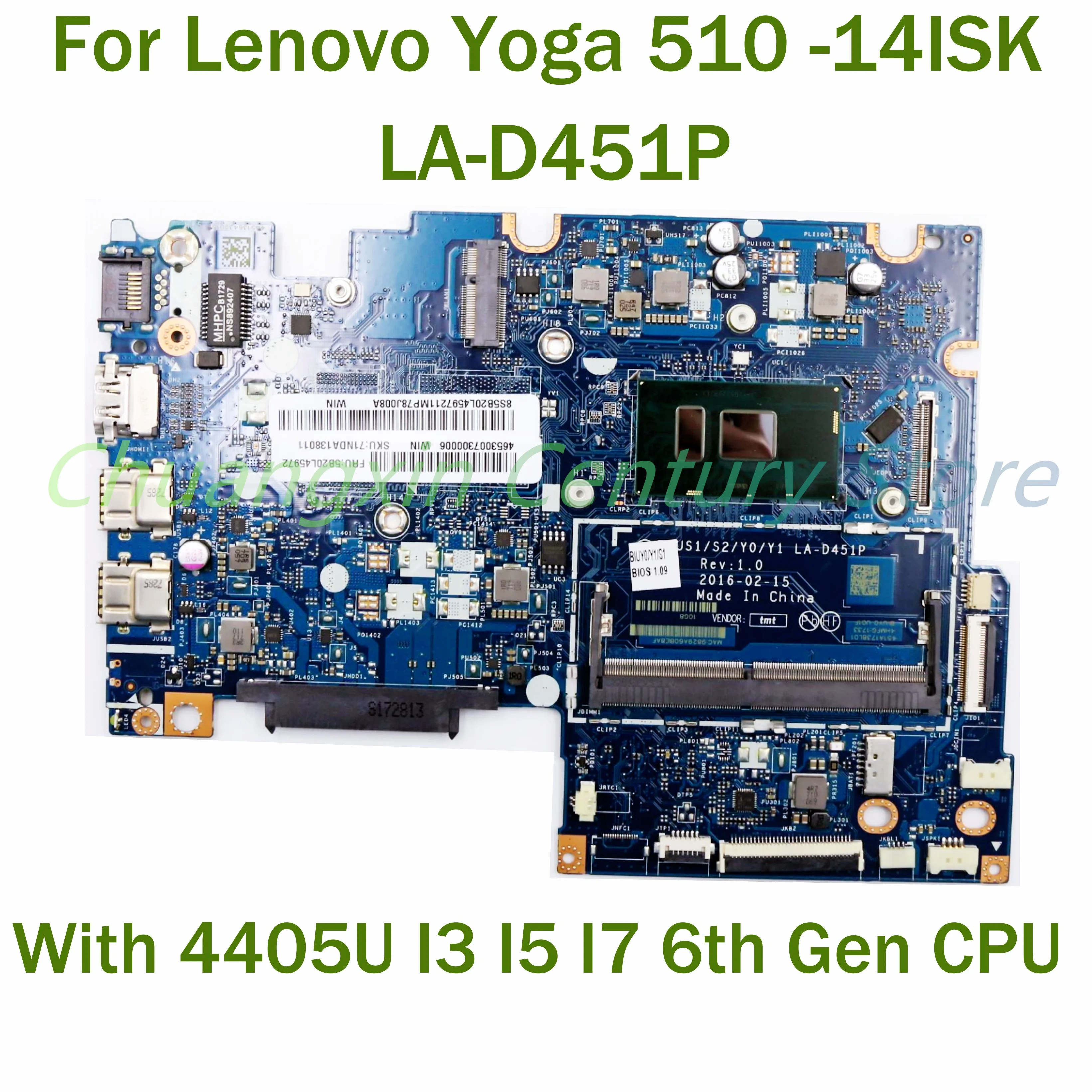 Placa base para portátil Lenovo Yoga 510-14ISK, LA-D451P con 4405U, I3, I5, I7, CPU de 6ª generación, 100% probado, funciona completamente