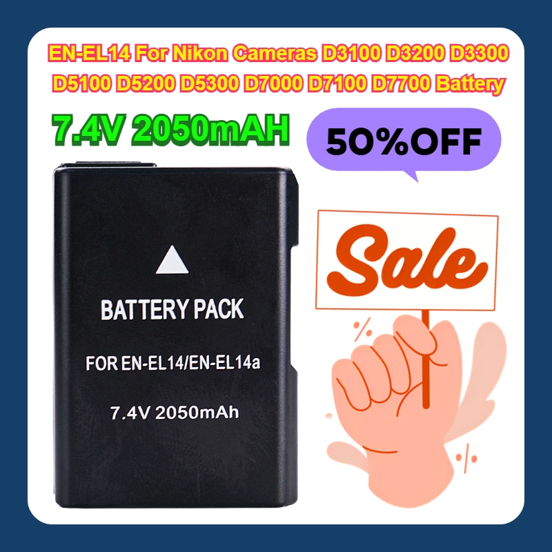 7,4 V 2050mAH EN-EL14 para cámaras Nikon D3100 D3200 D3300 D5100 D5200 D5300 D7000 D7100 D7700 batería