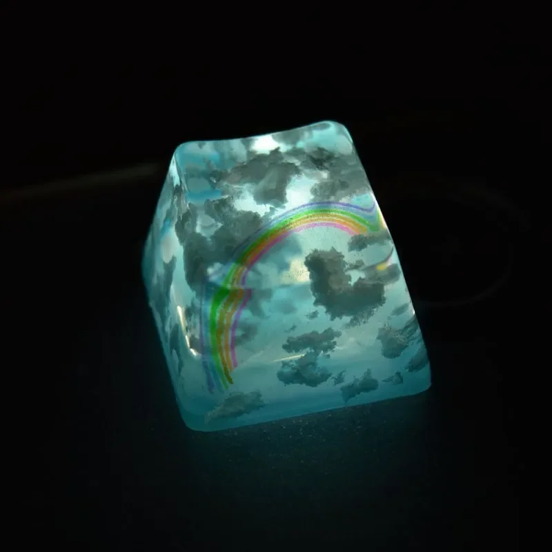 Tecla personalizada con tema de nube ESC, hecha a mano pura, transparente, resina 3D, patrón de personalidad, cometa de arcoíris, cielo azul, Nube Blanca