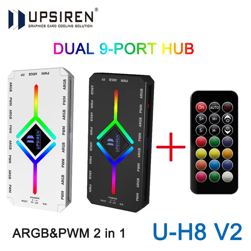 UPSIREN U-H8 V2 HUB de ventilador de chasis, fuente de alimentación SATA/succión magnética/ARGB/PWM 9 puertos 2 en 1/con controlador