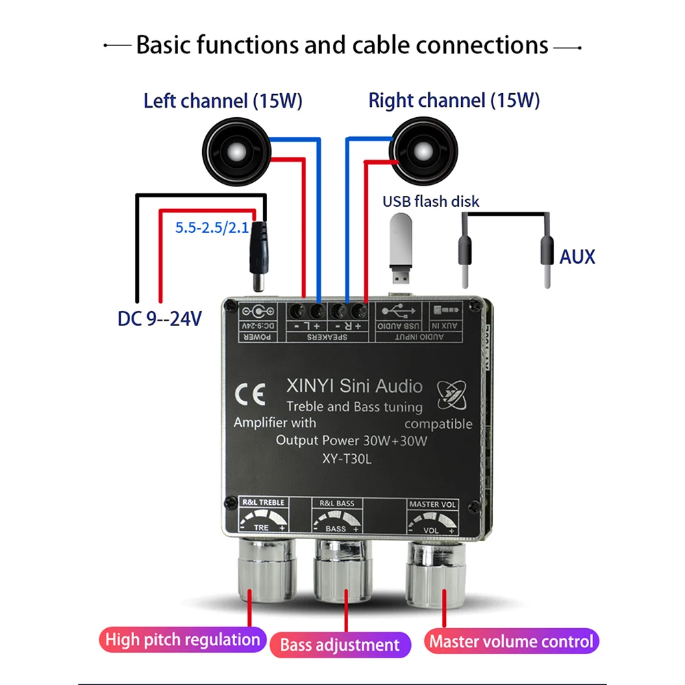 Placa amplificadora de potencia de diente azul con Subwoofer, módulo amplificador de potencia de Audio con Control de agudos y graves, 30W x 2, 9V a 24V