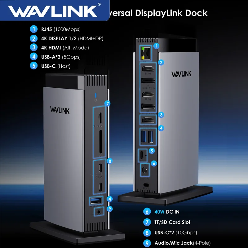 WAVLINK Estación de acoplamiento Universal DisplayLink Dual/Triple 4K USB C USB 3.0 para M1 M2 M3 Mac y Windows no cargan el ordenador portátil