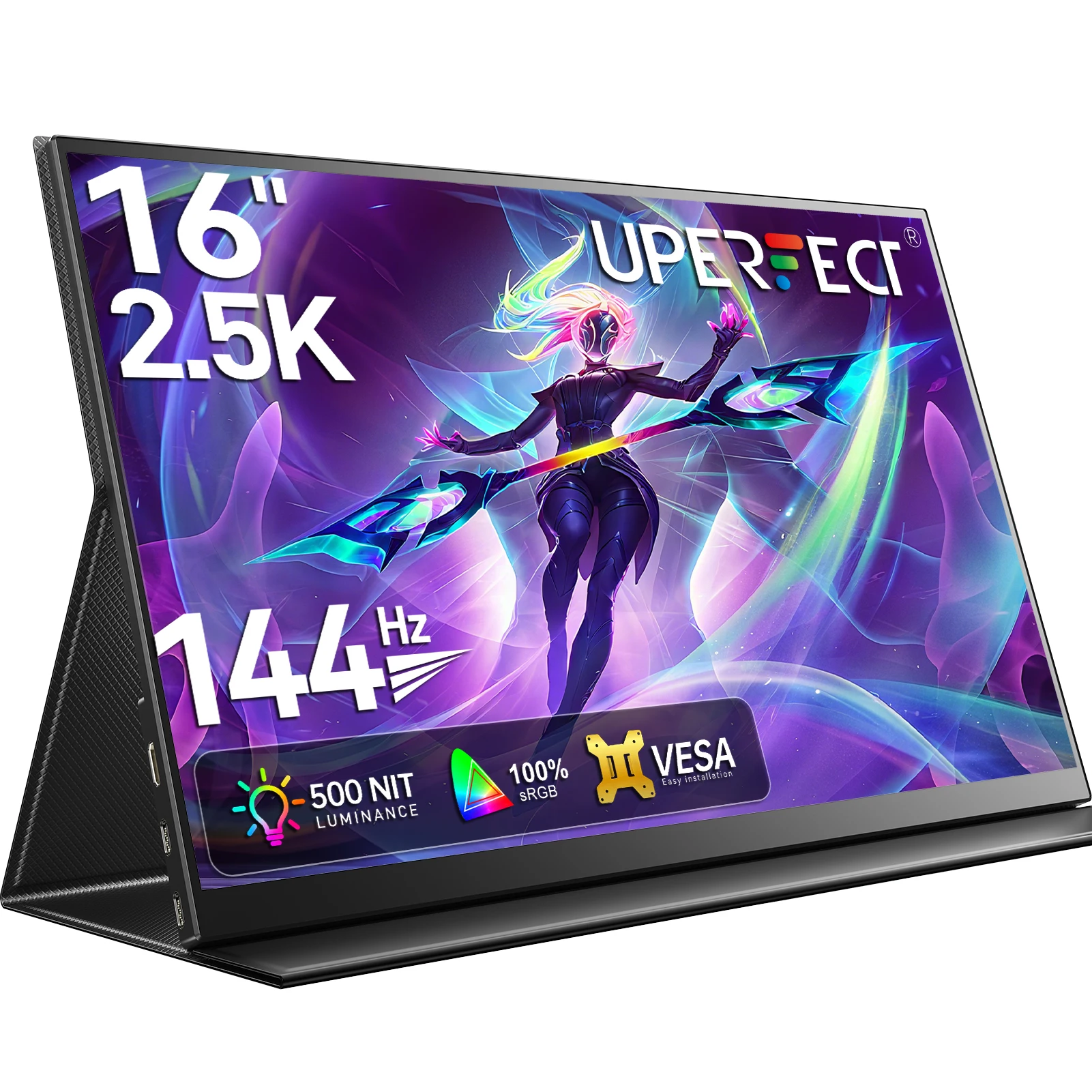 UPERFECT 2K 144Hz Monitor para juegos Pantalla portátil de 16" 100% sRGB con HDMI USB C HDR Freesync para PS5 Steam Deck Switch XBOX Laptop PC Mac iPhone HUAWEI Phone Extender segunda pantalla