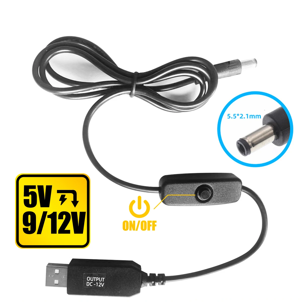Cable de alimentación USB DC de 5V a 12V y 9V, Cable adaptador de conector USB a CC, Cable de alimentación de refuerzo con interruptor para enrutador de 2,1x5,5mm a través de Powerbank