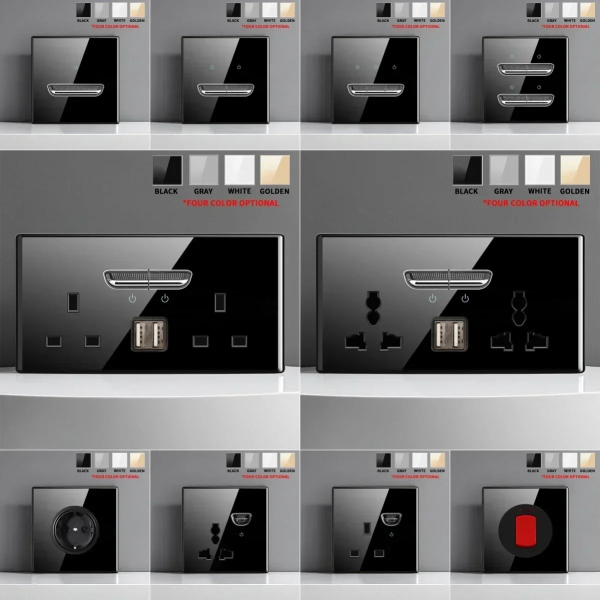 Enchufe de interruptor de vidrio templado estándar francés, europeo, británico, con luz indicadora, autoreinicio, 1, 2, 3, 4 salidas de Panel de pared - imagen 4