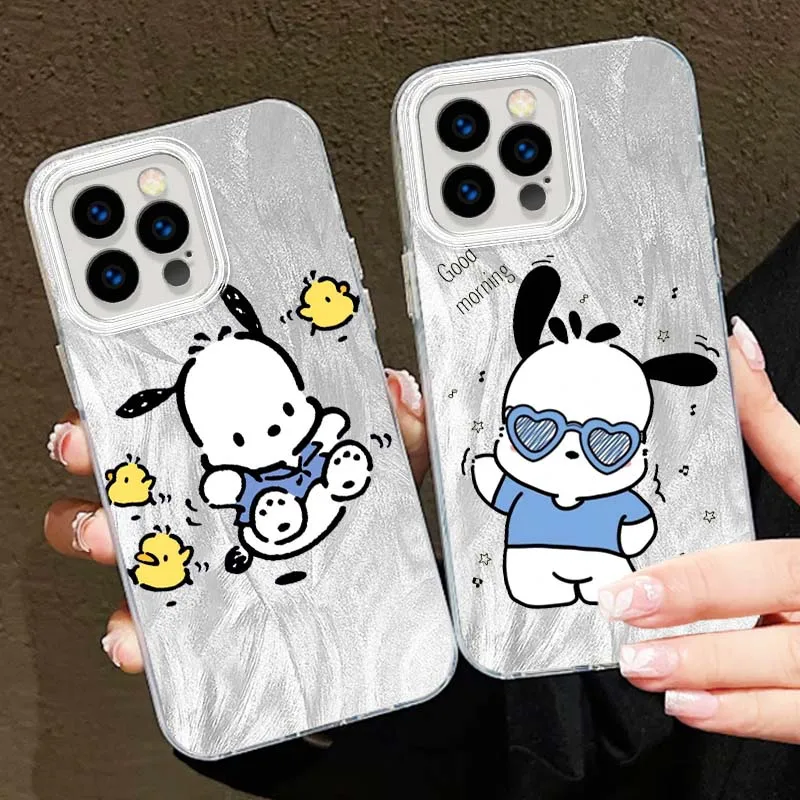 Aanrio Pochacco para Apple iPhone 16 15 14 13 12 11 8 XS X XR Pro Max funda de teléfono con textura de plumas