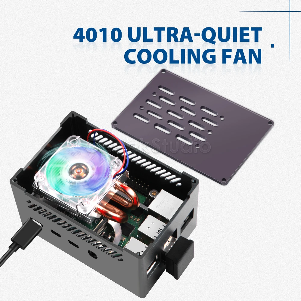 Raspberry Pi 4 Modelo B Caja NAS de ladrillo de aluminio Carcasa de cierre negra con ventilador de enfriamiento de torre de hielo 4010 M.2 SATA SSD para RPI 4B - imagen 2