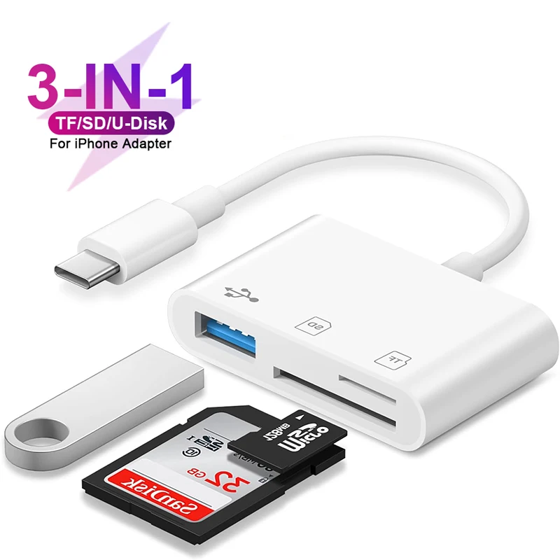 Lector de tarjetas SD para iPhone 15 Series 3 en 1 lector de tarjetas de memoria de disco Micro SD/TF/U adaptador USB OTG para accesorios Samsung Huawei