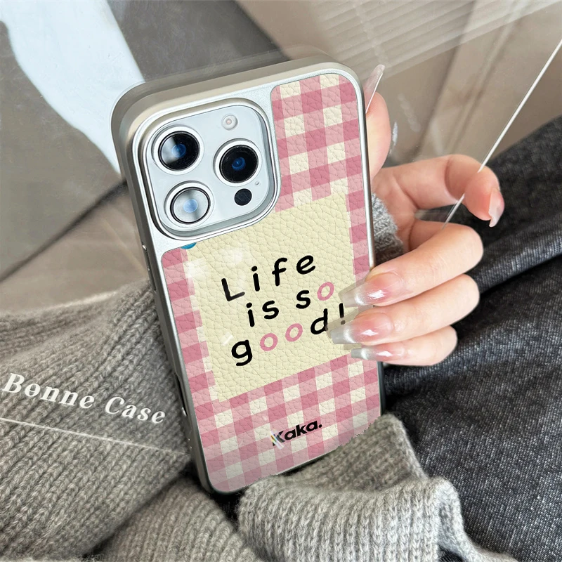 La vida es tan buena textura de cuero TPU Funda de teléfono anticaída para iPhone XR/11/12/13/14/15/16/17 Pro Max - imagen 3