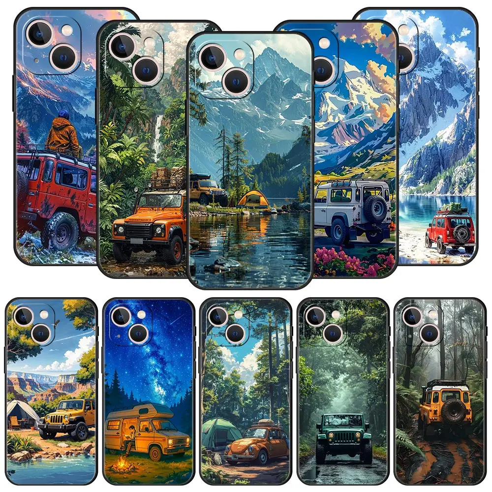 Funda de teléfono de lujo con vehículo de viaje forestal para iPhone 17 Air 16 Plus 13 15 14 12 11 Pro MAX 7 8 SE, funda negra de TPU suave