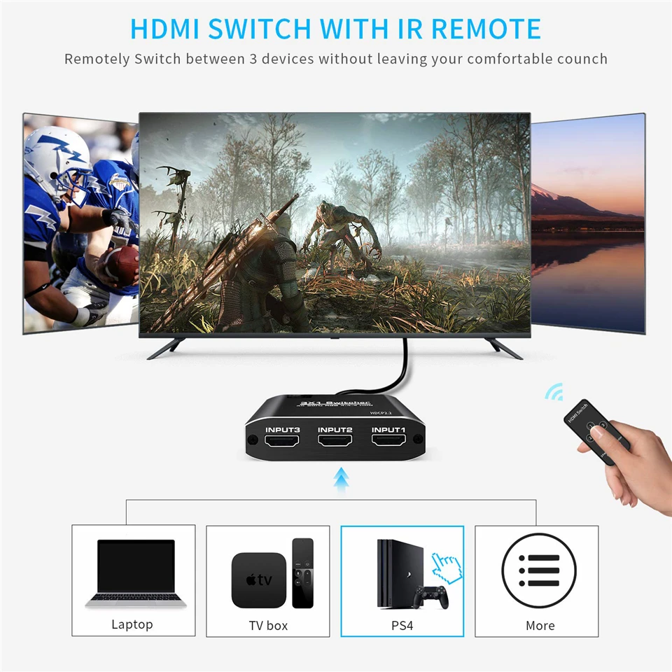Divisor 4K HDTV 3 en 1 salida Selector de conmutador HD de 3 puertos Cable HD compatible con reproductor 3D Full HD 4K 1080P HDTV, consola de juegos PS4 - imagen 5