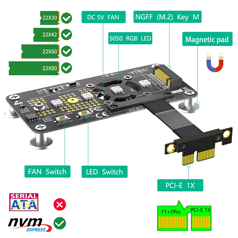 Cable de extensión M.2 NVME a PCIE X1, 10CM, PCI Express 3,0, 1X a M, placa elevadora convertidora de llave con ventilador de refrigeración, almohadilla magnética LED RGB - imagen 3