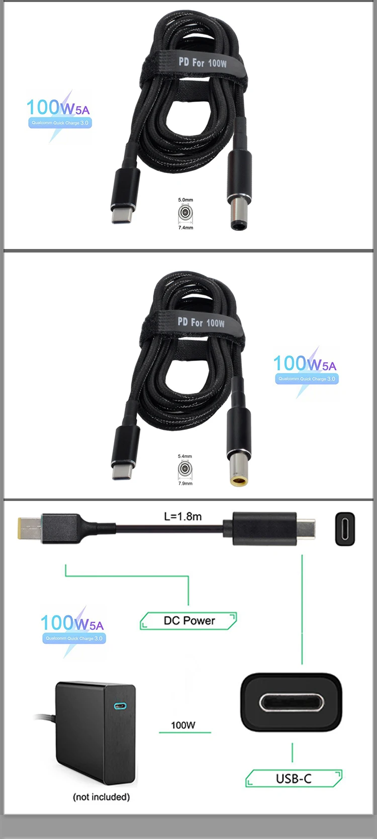 1,5 M 100W PD USB tipo C a portátil, fuente de alimentación CA, adaptador de CC, Cable de cargador, enchufe Jack para Hp Asus Lenovo Dell SONY - imagen 5