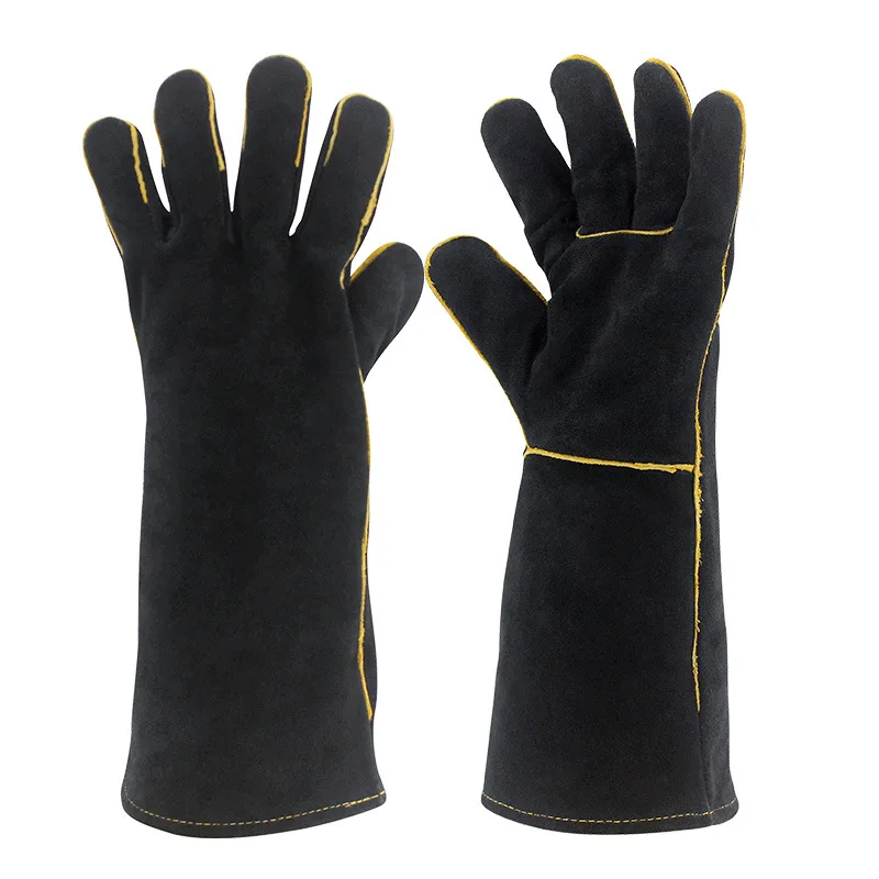 Guantes de trabajo de soldadura negros para jardinería/estufa de leña/antimordida/resistente/chimenea/barbacoa dividido de vaca resistente al calor