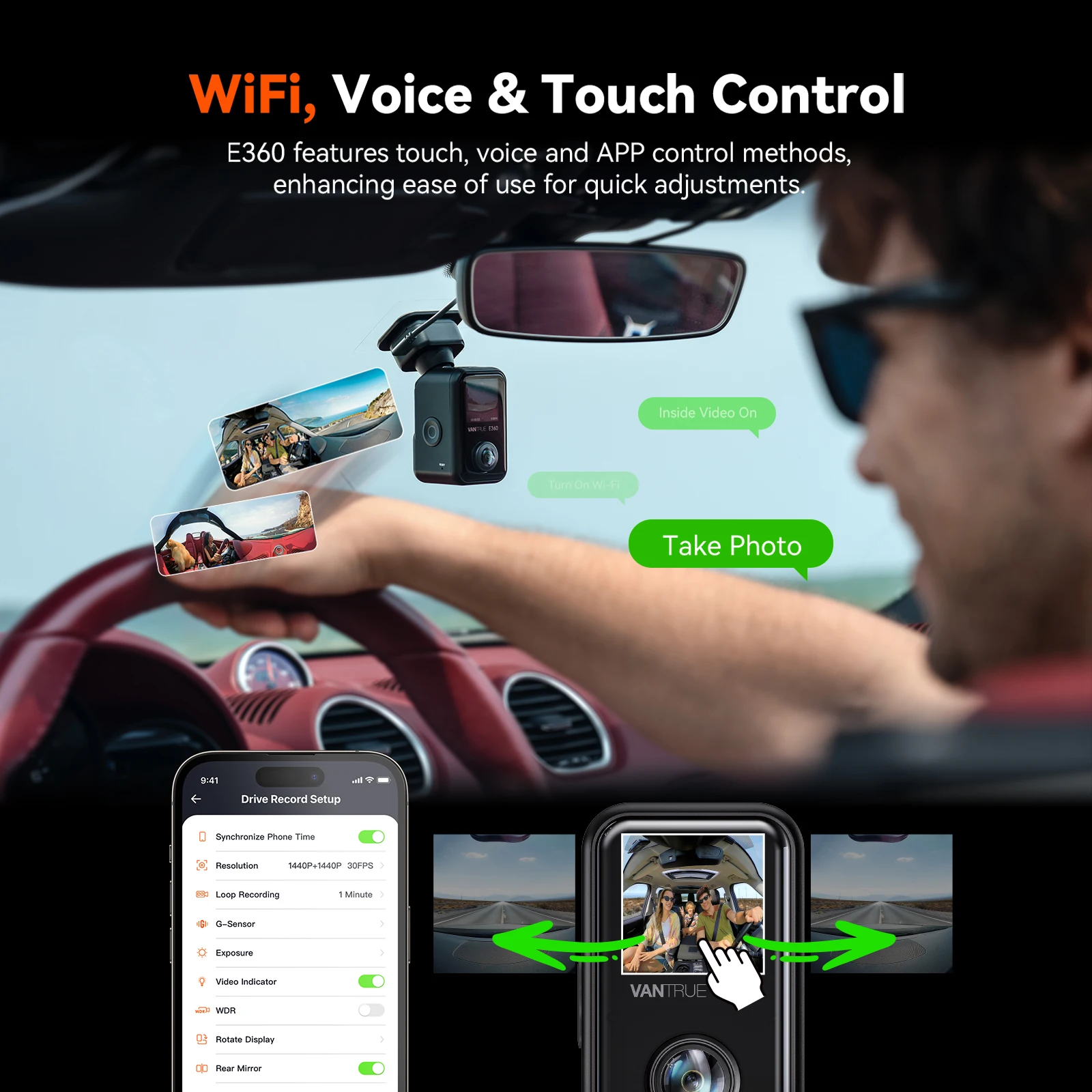 Vantrue E360 Dashcam 360 ° 5.2K Panorámica 5GHz WiFi y GPS Cámara dual STARVIS 2 IR Visión nocturna Control de voz Pantalla táctil para automóviles - imagen 5