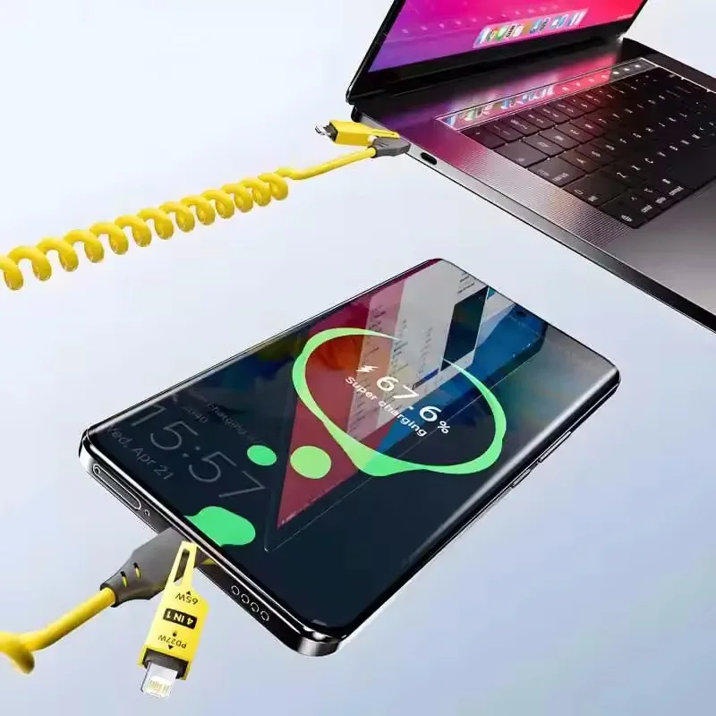 Cable de carga rápida USB-C 4 en 1 de aleación de Zinc, 65w, Cable Usb tipo C para iPhone, Xiaomi, Samsung, PD, cable de datos con resorte - imagen 5