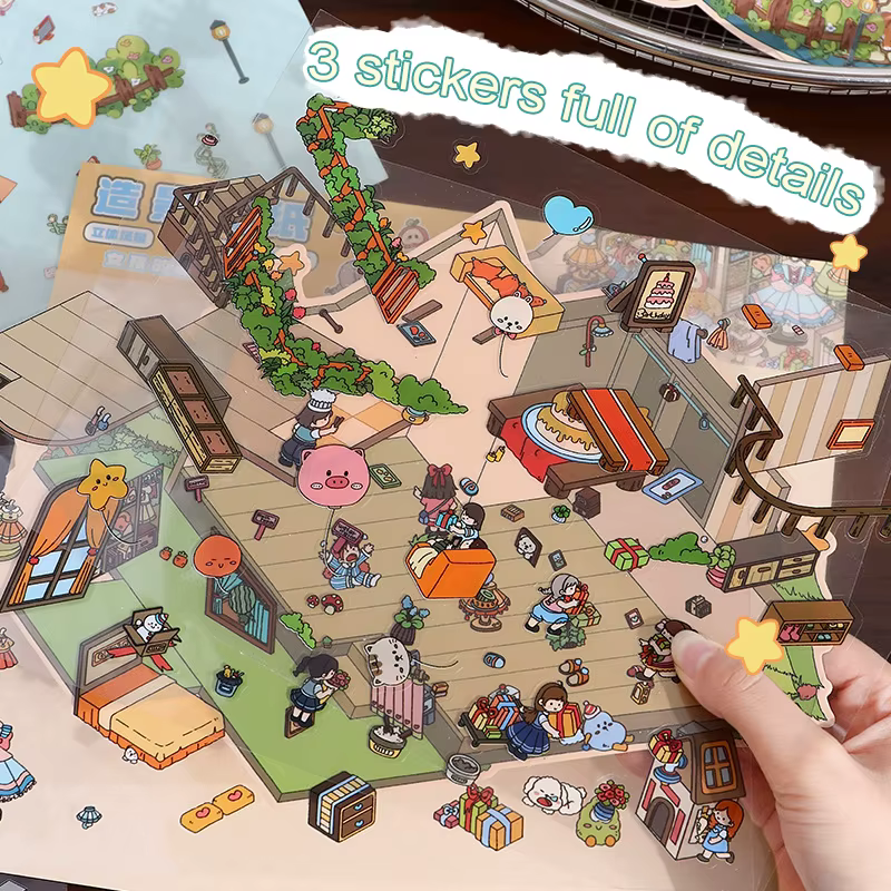 Pegatinas de manual DIY para paisajismo tridimensional creativo de dibujos animados de gran tamaño, pegatinas bonitas para pegar apilamiento de escena de cabina - imagen 4