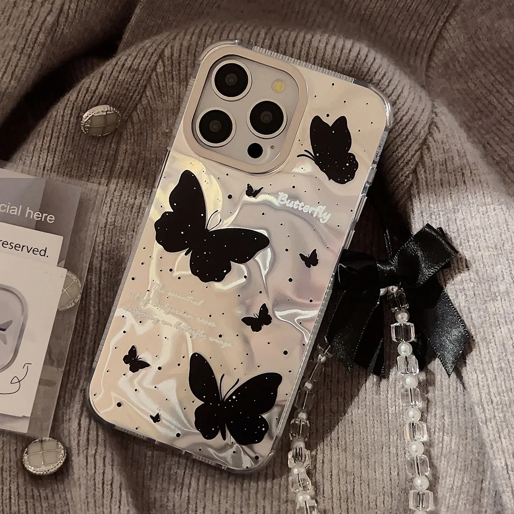 Funda de teléfono holográfica de mariposa negra con cordón para iPhone 15 PRO MAX PLUS 14 13 12 funda reflectante de moda para teléfono