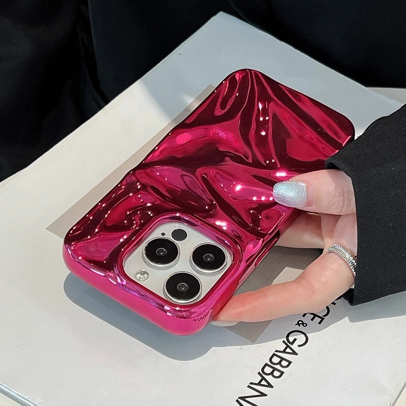 Funda con textura arrugada ondulada de agua roja chapada para iPhone 16 Pro Max 17 Air 15 14 13 12 11 16 Plus, funda trasera de silicona brillante - imagen 4