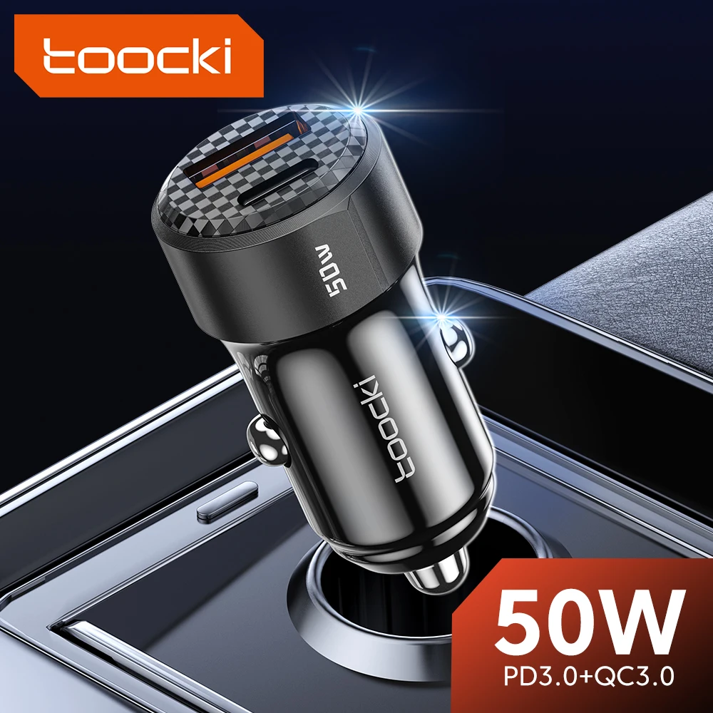 Toocki-cargador de coche de 50W, dispositivo de carga rápida para iPhone 14, 13, iPad, puertos duales PD3.0, USB tipo C para Samsung, Xiaomi y Huawei