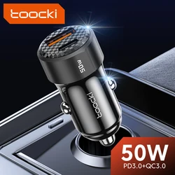 Toocki-cargador de coche de 50W, dispositivo de carga rápida para iPhone 14, 13, iPad, puertos duales PD3.0, USB tipo C para Samsung, Xiaomi y Huawei