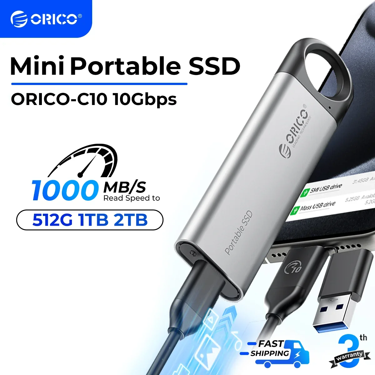 ORICO SSD externo de 1 TB hasta 1050 MB/s 550 MB/s, unidad de estado sólido portátil con diseño de orificio para colgar, cable USB C&A 2 en 1 - imagen 2