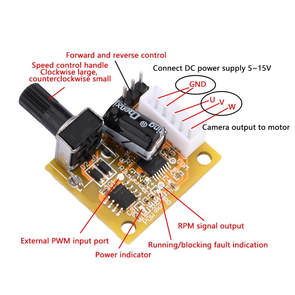 Controlador de velocidad del Motor sin escobillas, Módulo de placa sin sensor, 3 fases, BLDC, DC 5V-12V, 15W, 2A, 15W