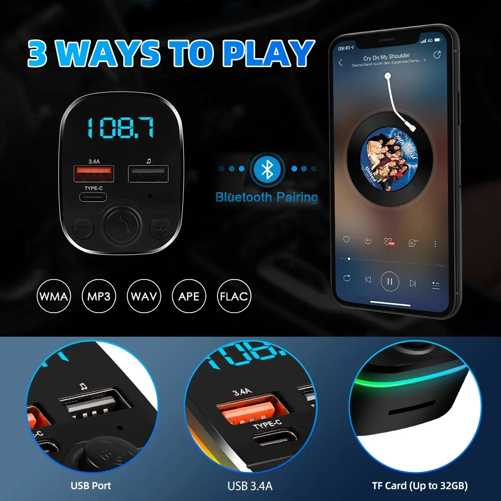 Transmisor FM para coche Bluetooth 5,0 manos libres con USB Dual tipo C 3.4A cargador rápido luz ambiental encendedor de cigarrillos modulador FM - imagen 2