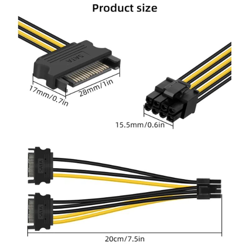 Cable de alimentación dual SATA de 15 pines a 8 pines (6 + 2 pines), SATA dual a PCI-E para computadoras, macho a macho, - imagen 2