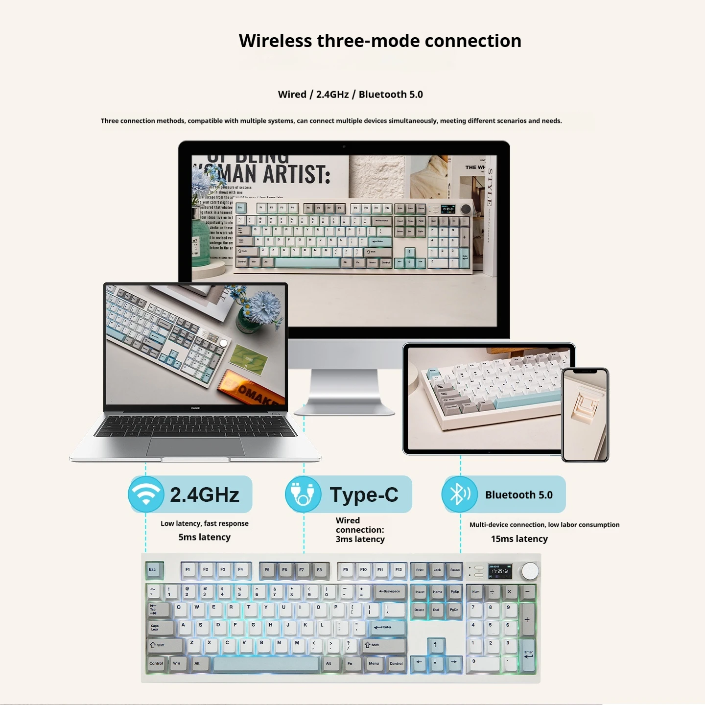 EPOMAKER QK108 teclados mecánicos inalámbricos Bluetooth con teclas PBT intercambiables en caliente batería de 8000mAh teclados para juegos personalizados RGB - imagen 3