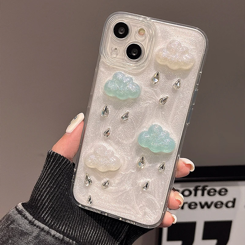 Funda de teléfono con gotas de lluvia y nubes 3D para iPhone 17 Air 16 15 14 Plus 13 11 12 Pro Max, funda protectora de silicona con purpurina suave - imagen 2