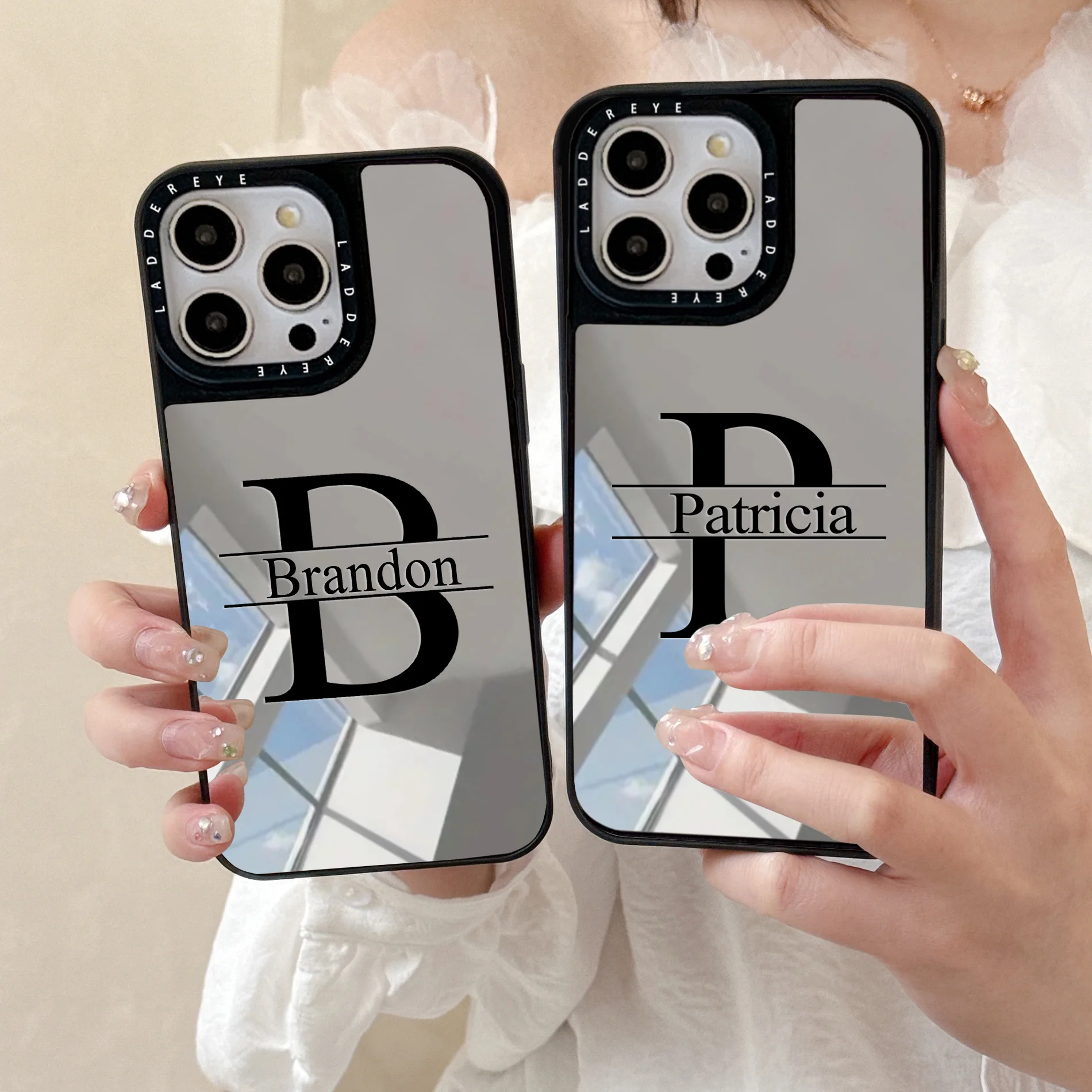 Funda de teléfono personalizada con letras grandes para iPhone 16, 15, 14, 13, 12, 11 Pro Max, funda con espejo de maquillaje con patrón de espejo chapado personalizado