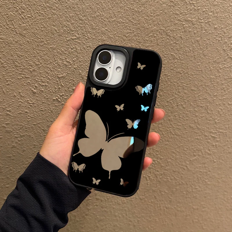 Funda para iphone 11 12 13 14 15 16 Pro Max Plus Series Funda de teléfono con espejo de tpu transparente con patrón de mariposa calado negro - imagen 4