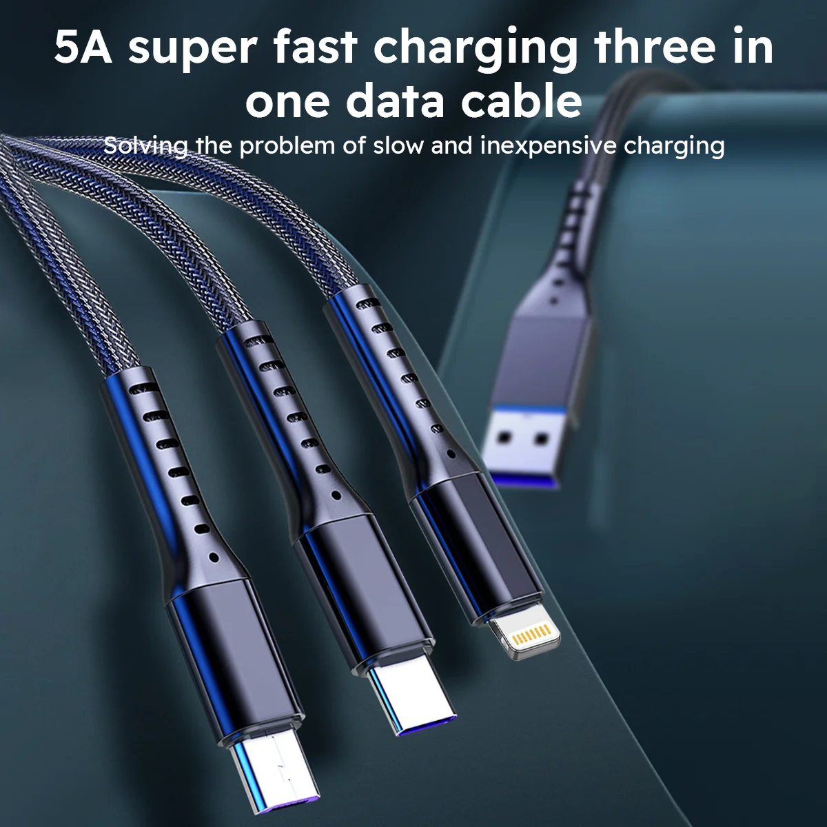 Cable USB Micro tipo C de nailon, cable de carga múltiple, 66W, 5A, 3 en 1, 1,2 m, para Iphone, Samsung, Huawei, Xiaomi - imagen 3