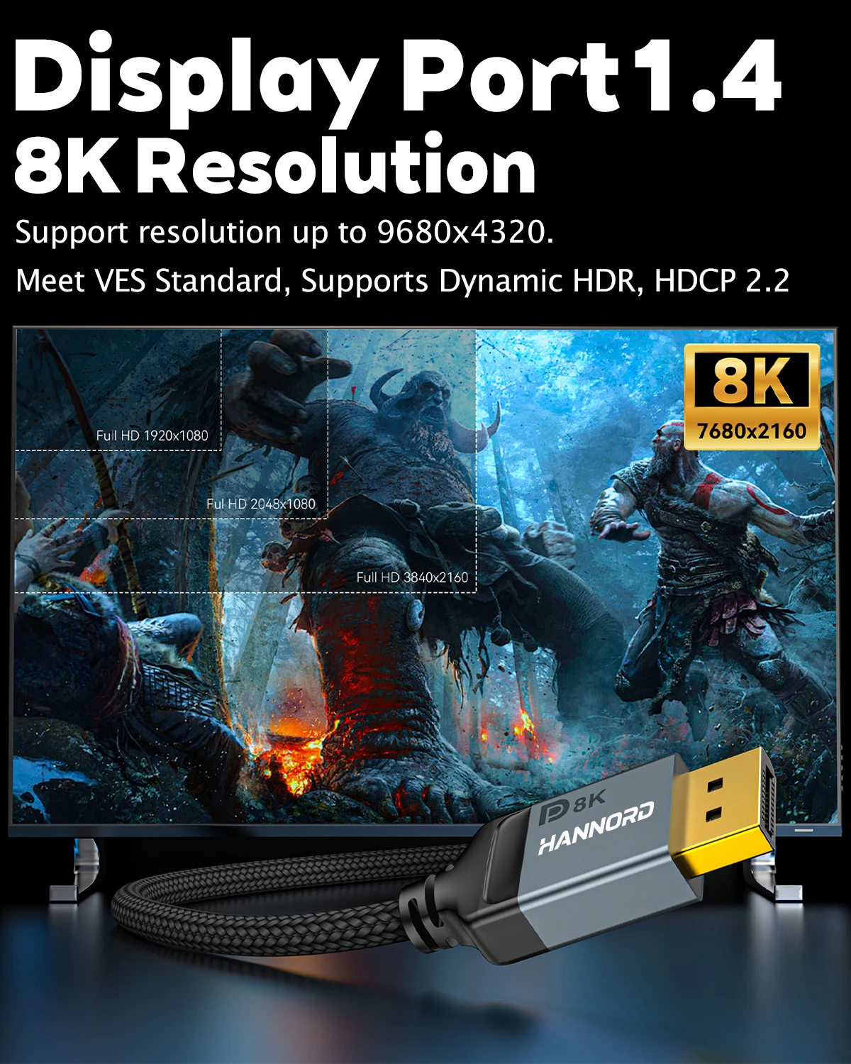Hannord 8K DisplayPort 1.4 Cable 8K 60Hz 4K165Hz Cable DP de alta velocidad chapado en oro trenzado de nailon para monitores de juegos proyector TV - imagen 2