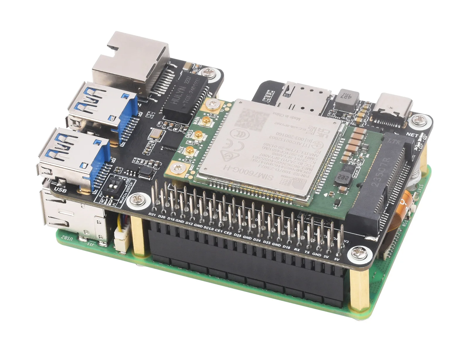 Waveshare PCIe a MiniPCIe/Gigabit Ethernet/USB 3.2 Gen1 HAT, admite interfaz MiniPCIe módulo 4G, Raspberry Pi 5 HAT