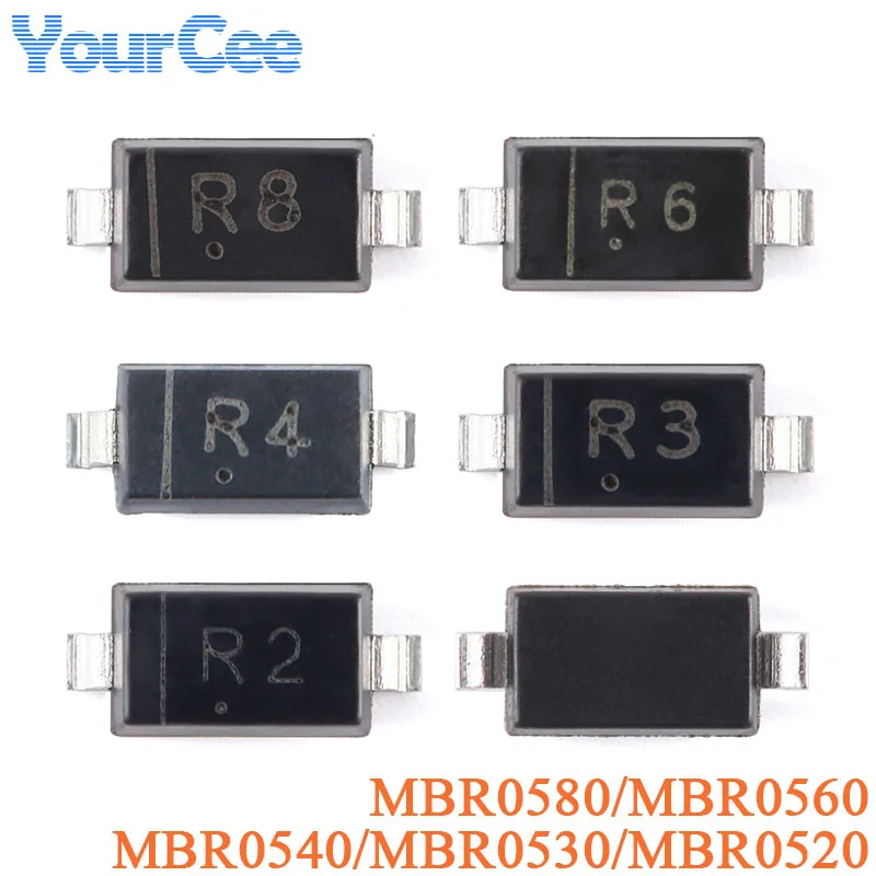 50 Uds MBR0580 MBR0560 MBR0540 MBR0530 MBR0520 SOD-123 80V 60V 40V 30V 20V R8 R6 R4 R3 R2 500mA Chip de diodo Schottky