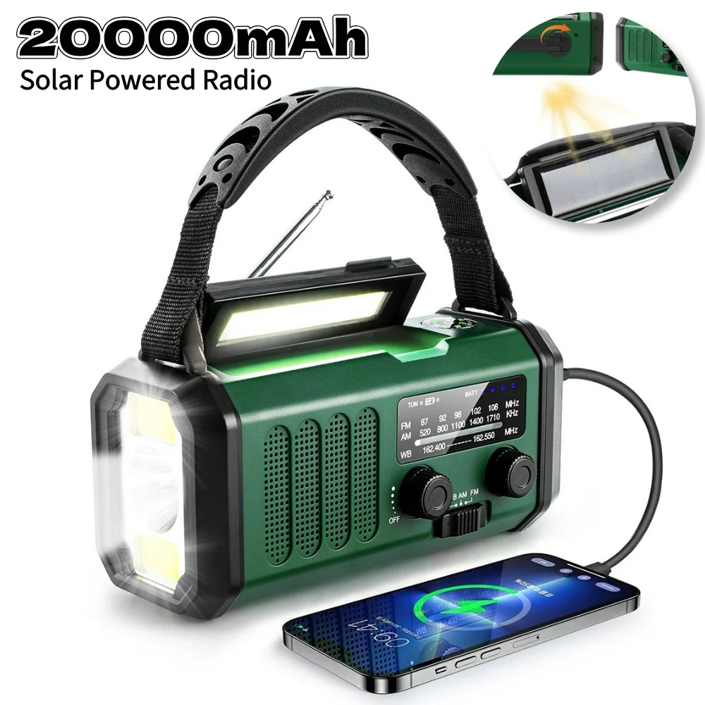 Radio de manivela de emergencia, Radio con energía Solar de 20000mAh con linterna, lámpara de lectura, alarma SOS para acampar al aire libre y emergencias
