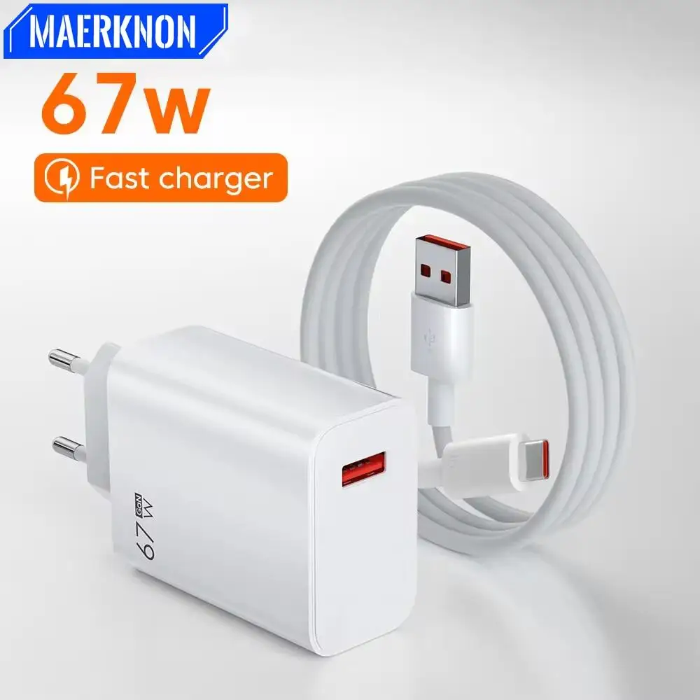 Cargador USB GaN de 67W, adaptador de teléfono móvil de carga rápida, Cable tipo C para iPhone, Samsung, Xiaomi, enchufe UE/EE. UU./Reino Unido, cargador de pared portátil