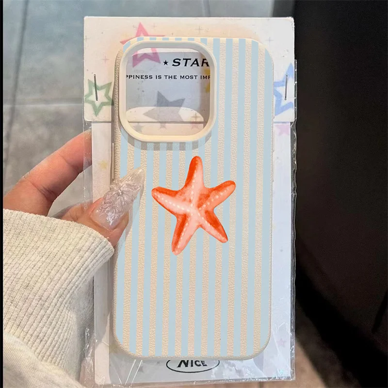 Funda de teléfono para iPhone 16 15 14 13 12 11 Pro Max X XR XS Max 15 Plus 16E verano lindo patrón de rayas de estrella de mar funda trasera suave - imagen 2