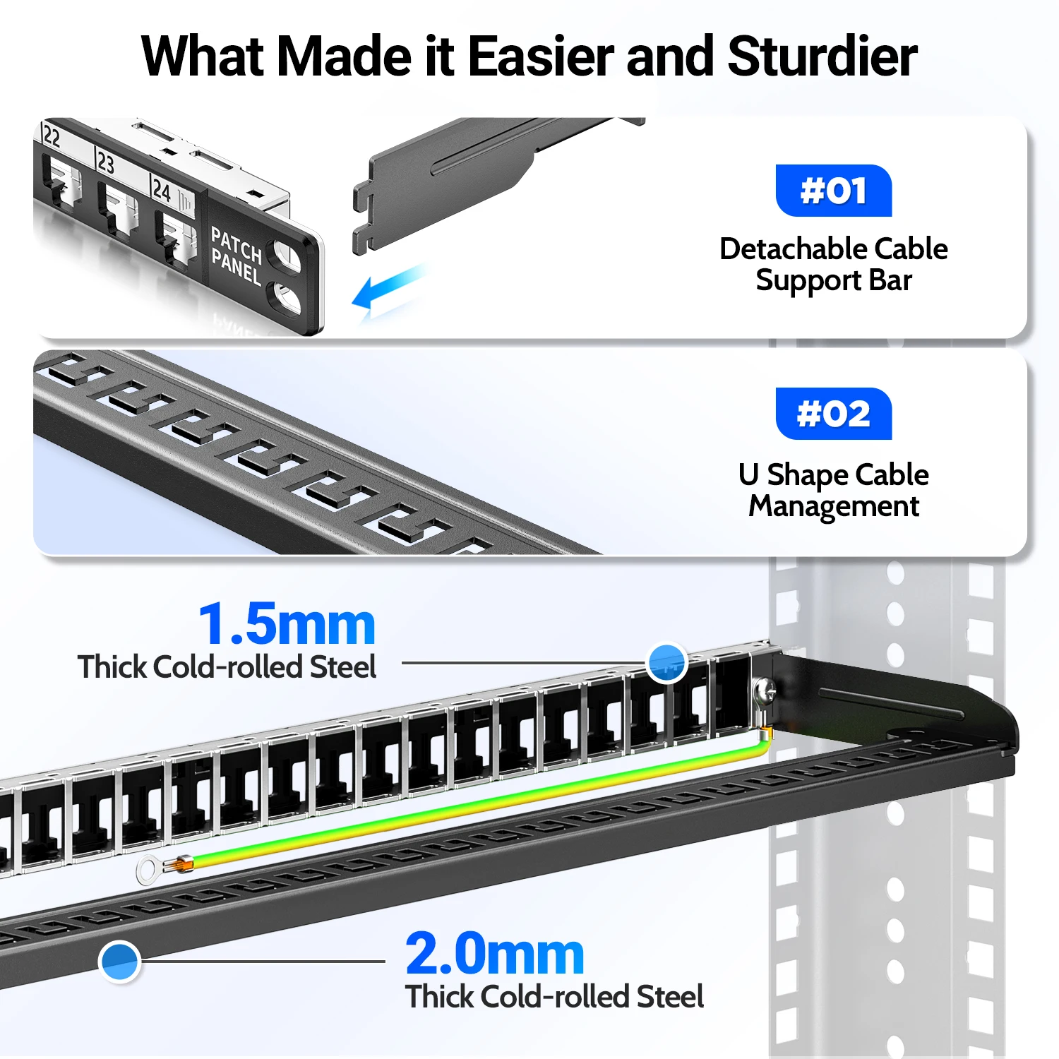 Panel de conexión Keystone en blanco AMPCOM 0.5U, 24 puertos de montaje en rack o en pared de 19 pulgadas con panel de gestión de cables trasero para cable Ethernet - imagen 4