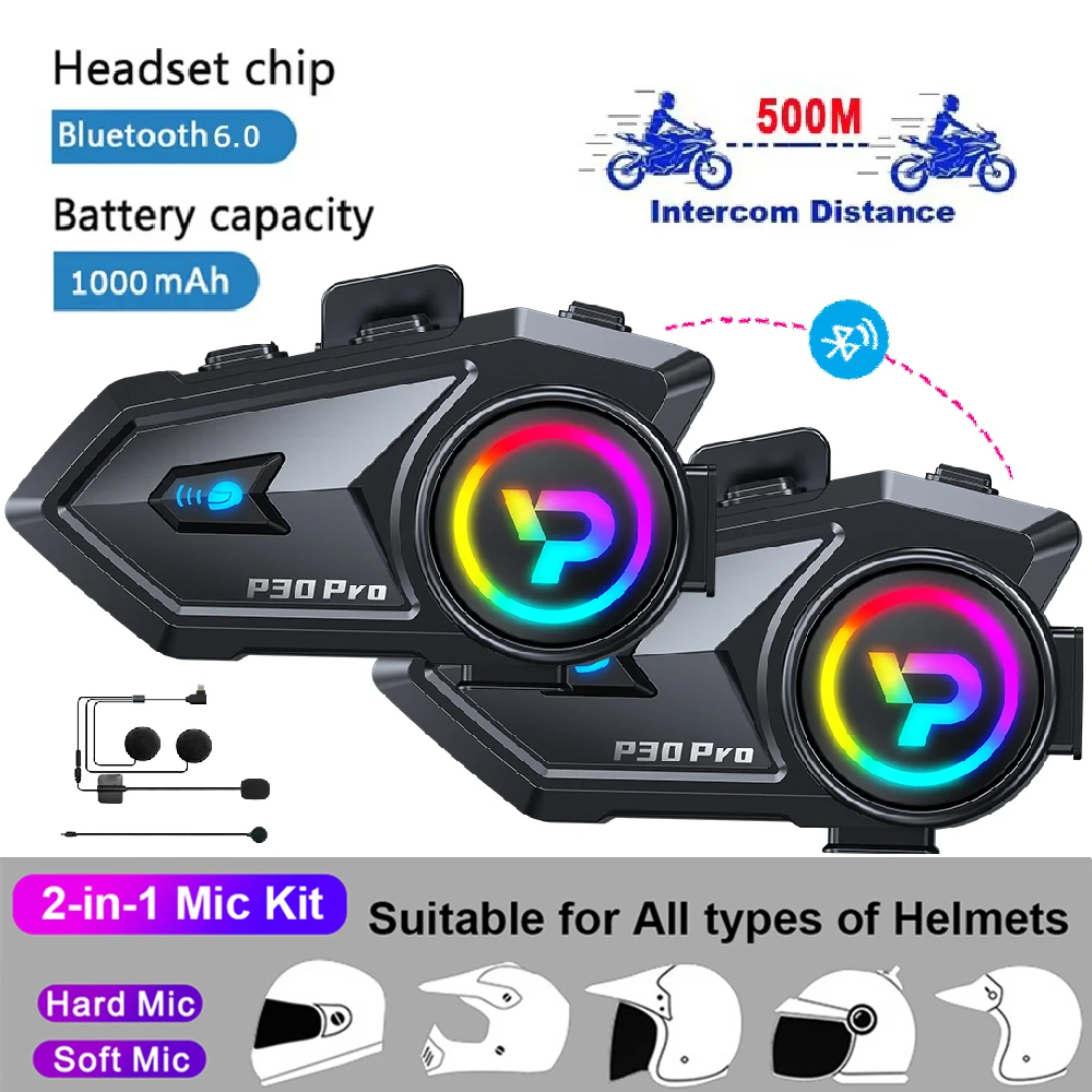 Intercomunicador para casco de motocicleta BT6.0, Intercomunicador de 500M, Walkie Talkie para Moto, 1000Mah, intercomunicador inalámbrico para compartir música, 1/2 Uds.