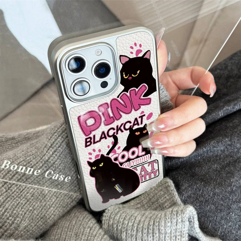 Funda de teléfono rosa BLACKCAT para iPhone11/12/13/14/15/16/17 Pro Max AIR PLUS textura de cuero epoxi TPU - imagen 4