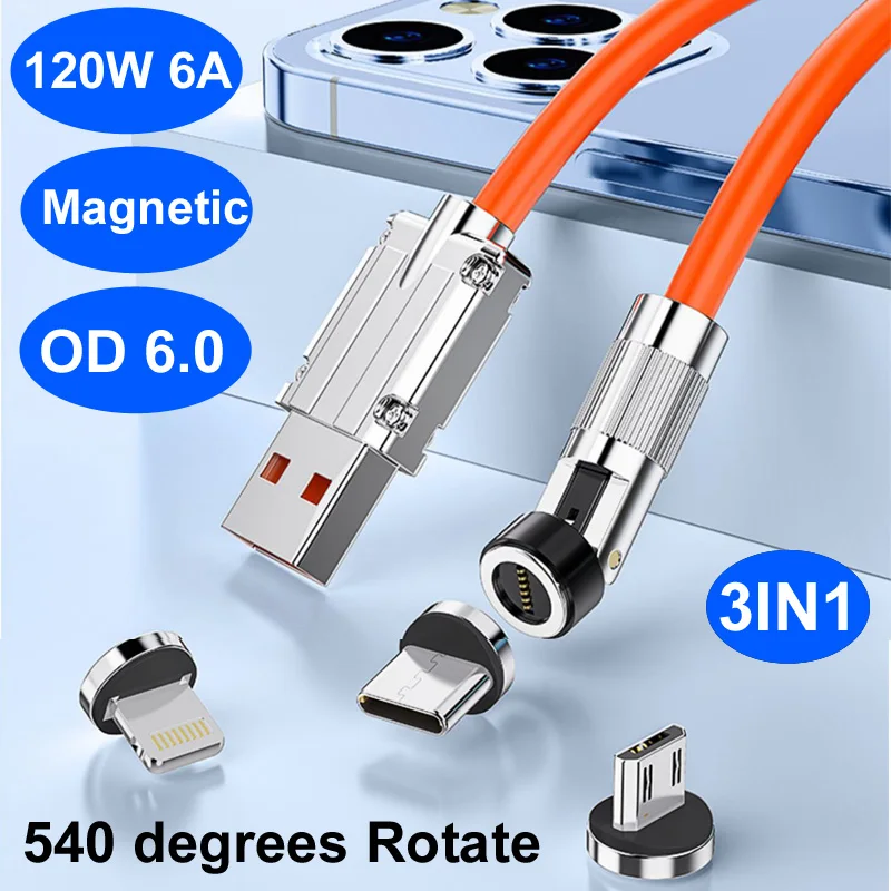 Cable de datos magnético de carga rápida 3 en 1, USB 120W, 6A, TPE suave, Extra grueso, hecho de silicona líquida para teléfono y portátil
