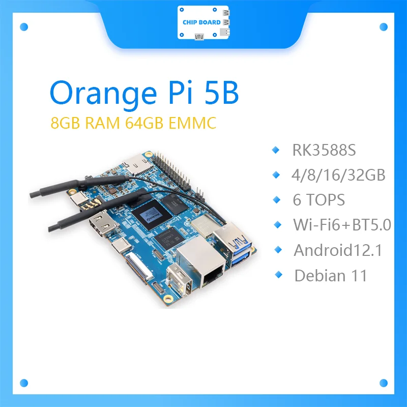 Orange Pi 5B 8GB RAM + 64GB EMMC 64-bit Rockchip RK3588S WIFI integrado de doble banda + BT Puerto Lan Gigabit Mini PC computadora de placa única