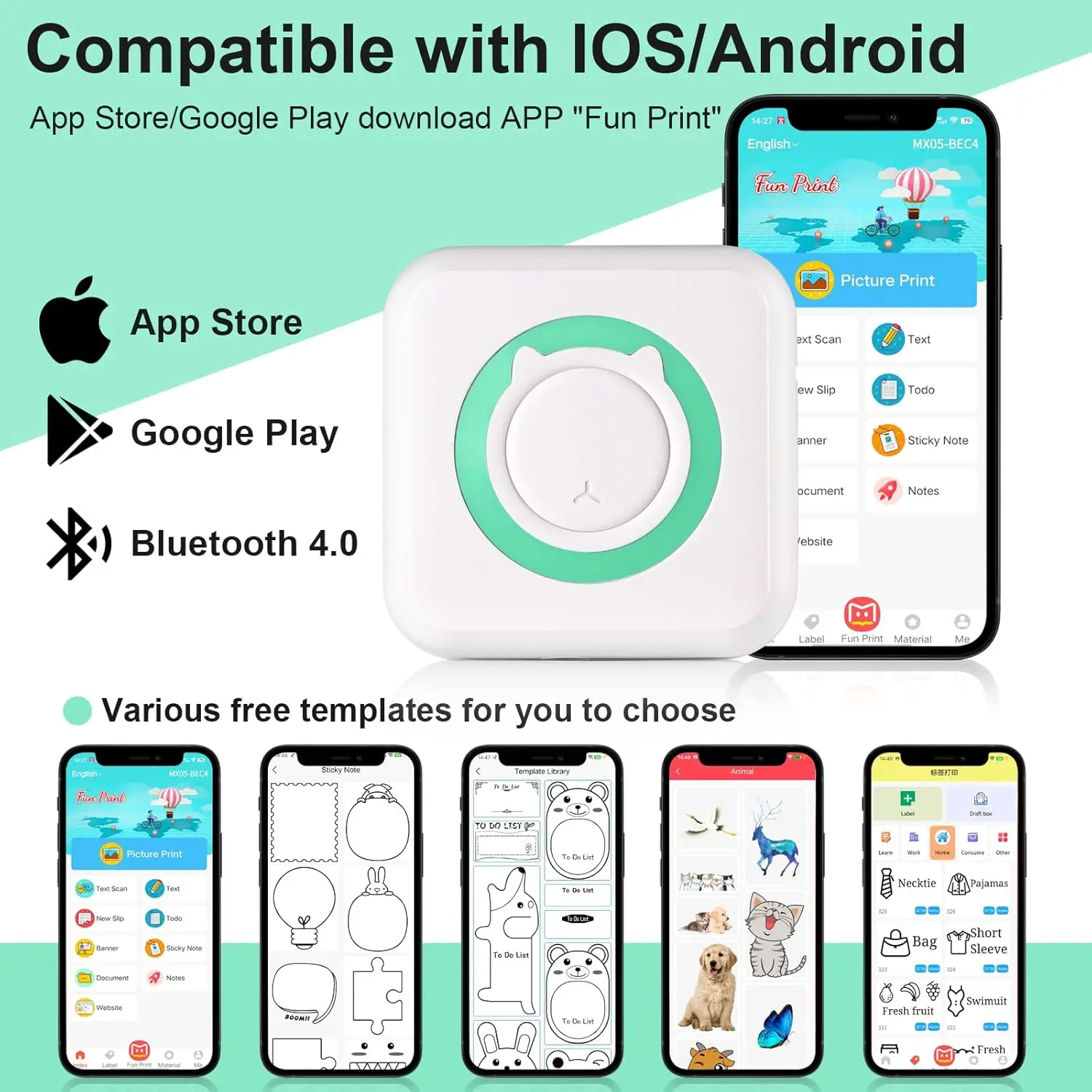 Impresora inalámbrica portátil con 1 rollo de papel de impresión, Mini impresora térmica de bolsillo con Bluetooth, Compatible con teléfono inteligente Android iOS - imagen 3