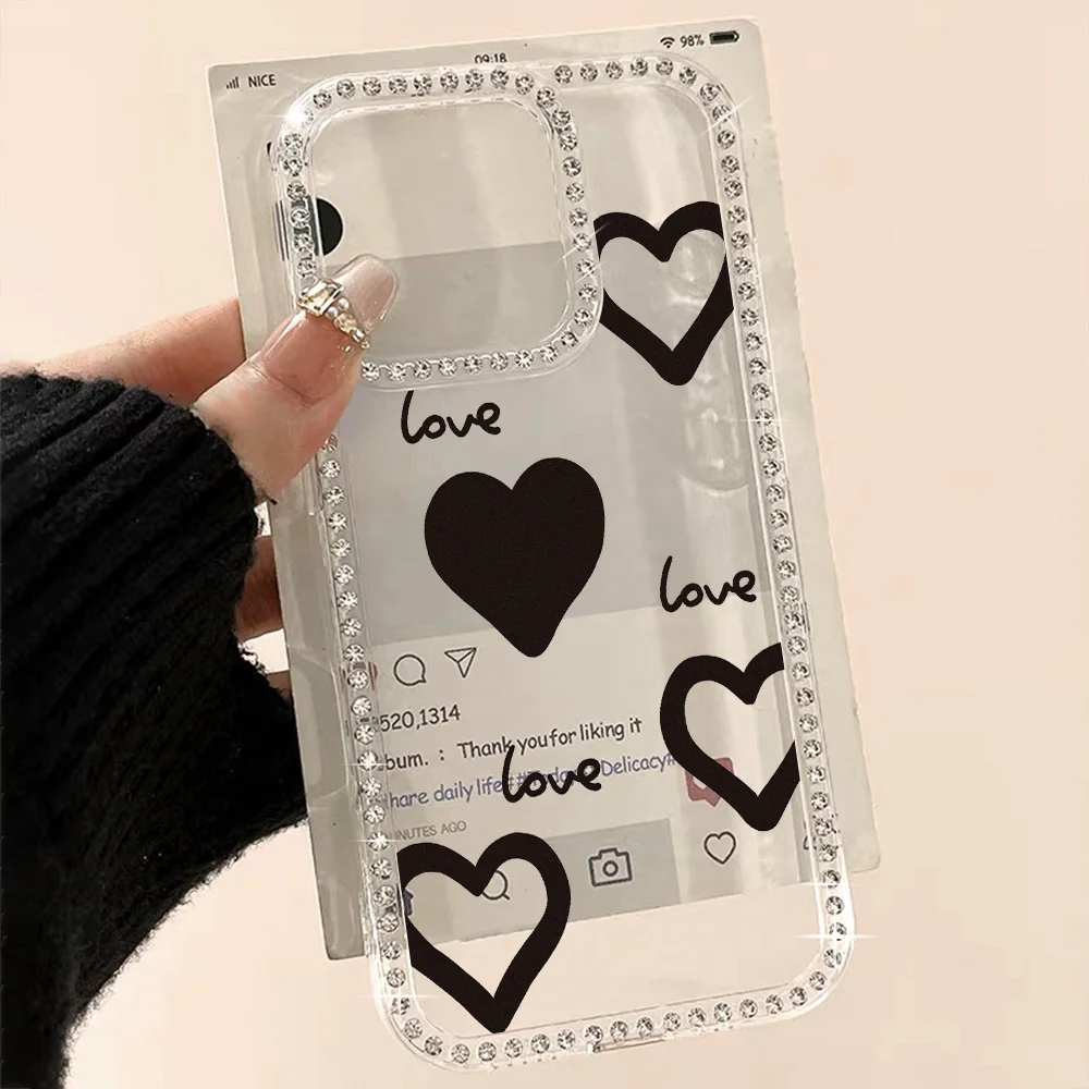 Funda de teléfono Diamond Love Heart para iPhone 17 Pro Max 15 16 11 13 14 12 Air transparente a prueba de golpes Funda parachoques con cordón - imagen 5
